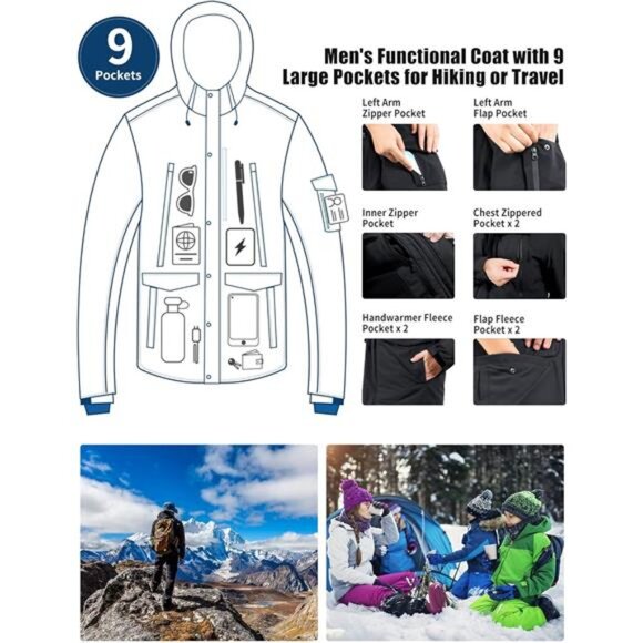 Men's Winter Coat Fleece with 9 Pockets Insulated Windproof Hooded Parka - Picture 6 of 6